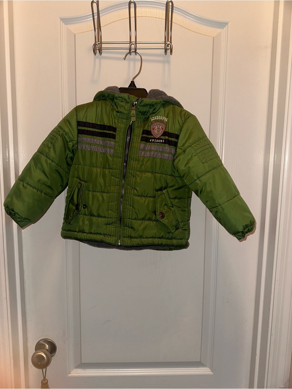 London Fog Olive Green Kids Hooded Puffer Jacket with Stripe Detail